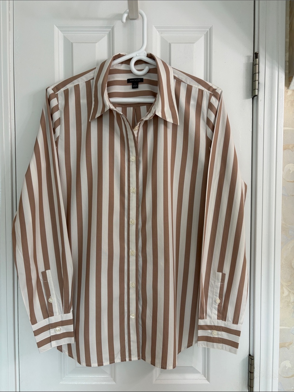 Ann Taylor Cotton Brown and White Striped Button-Up Shirt